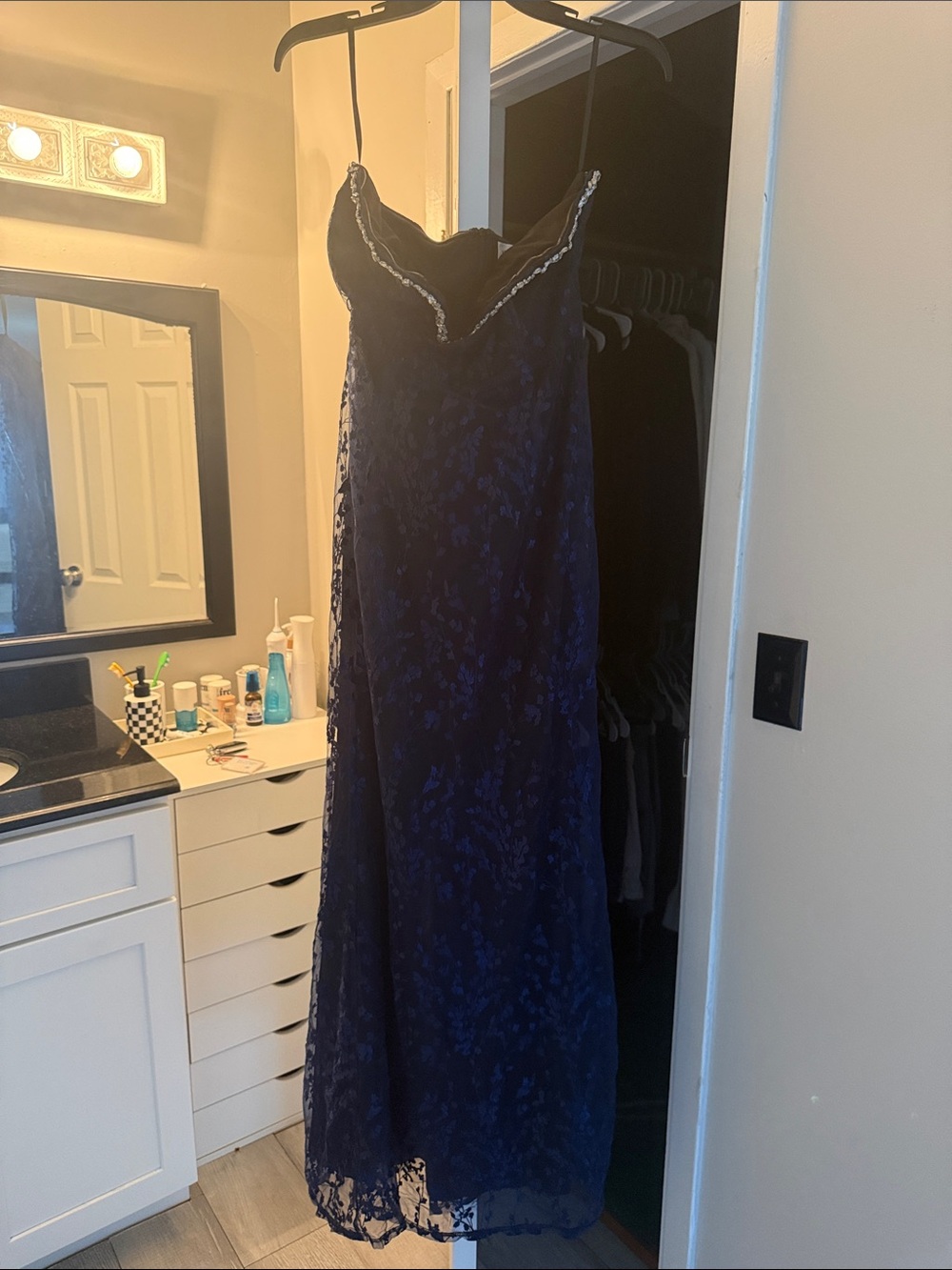 Hello Molly Navy Lace Slip Dress with Beaded Trim